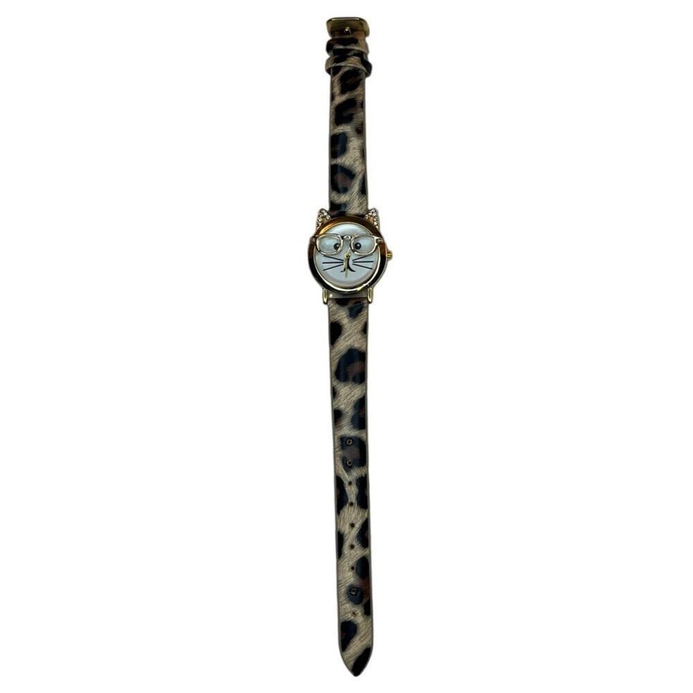 Cat Face Leopard Print Watch With Glasses Dial Kitsch Catlady Librarycore - Picture 2 of 3